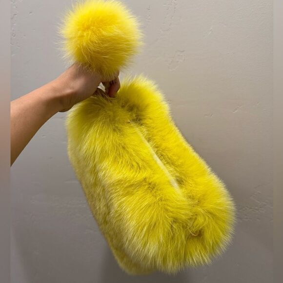 Yellow Handmade Luxury Real Fox Fur Shoulder Bag/Crossbody & Fox Fur Ball Charm - Picture 12 of 17